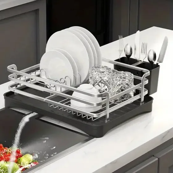 Seca Platos Jazak / Bandeja Antigoteo Reforzada / Incluye Desagote A Bacha / Acero Inoxidable / Cubiertero Doble / Escurre Platos / Diseño Cocina Moderna / Vajilla / Tazas / Vasos / Calidad Superior