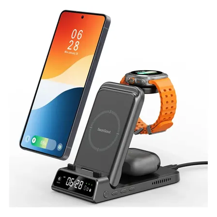 Estación de Carga Inalámbrica 3 en 1 Plegable para Samsung, Galaxy Watch y Buds | Reloj brillo ajustable, control inteligente carga, diseño compacto portátil, compatible S26 Ultra/S25, SwanScout 703S