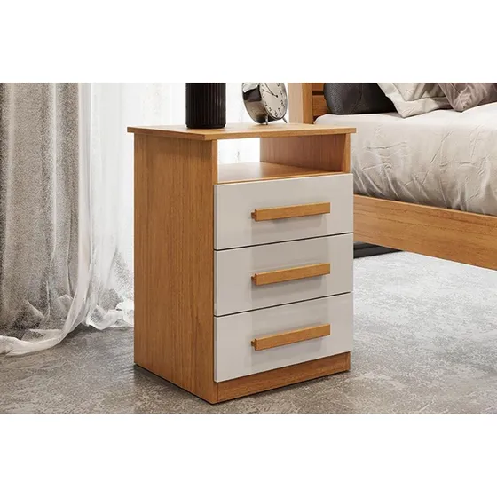 Mesa De Cabeceira Solteiro Malibu C/ 3 Gavetas Nature/off Wh