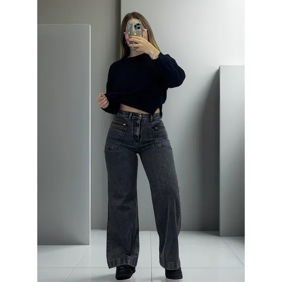 Jean Wide Leg Azul Bolsillo Plaqué Gris - Lou Jeans