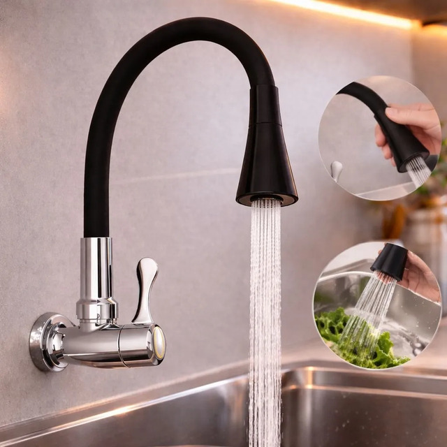 Torneira Flexível Parede Cozinha Preto Pressurizada Moderna Preto Fosco