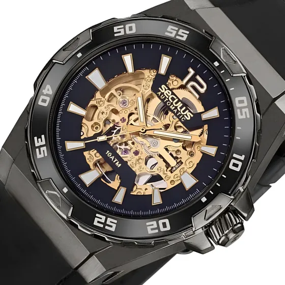 Relogio Seculus Masculino Automático Esqueleto Preto 100m