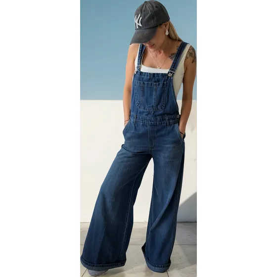 Jardinero Mono Wide Leg Enterito De Jean Largo Mujer Denim