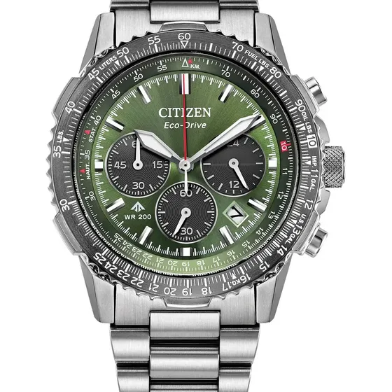 Reloj Citizen Promaster Air Navihawk Para Caballero 61921 Correa Plateado Bisel Plateado Fondo Verde Musgo
