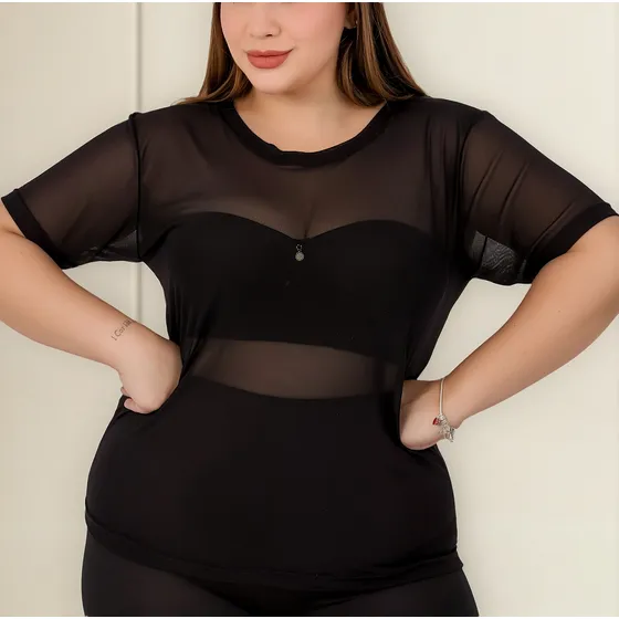 Blusinha Tule Manga Curta Transparente Plus Size Princesa