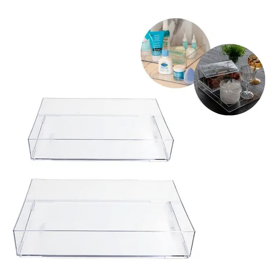 Kit 2 Bandejas Acrílica Lavabo Maquiagem Decoração Jóias Pia Cor Transparente