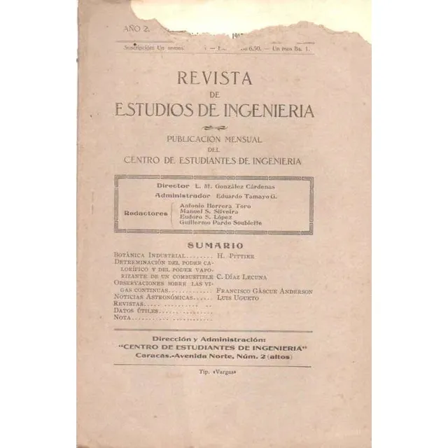 Antigua Revista De Estudios De Ingenieria  Caracas 1917