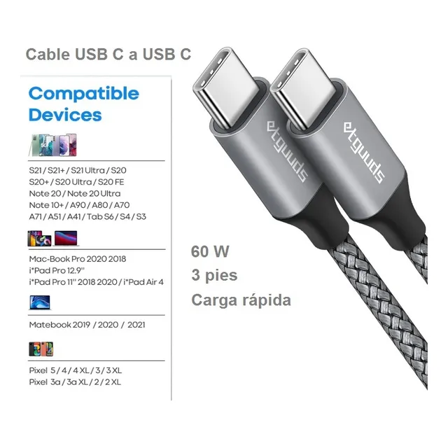 Cable Doble Usb Tipo C De 6 Pies 1.8 Metros 60w Carga Rápida