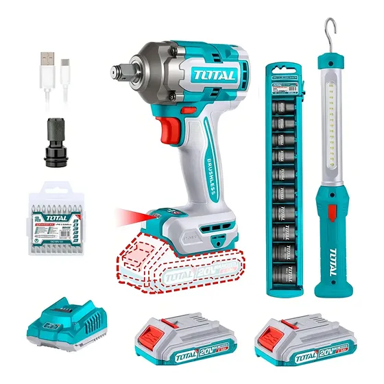 Kit Inalámbrico Total: Llave Impacto 1\u002F2'' Motor Sin Carbones 400NM + Linterna Con 2 Baterías 2.0Ah Litio-Ion Cargador 10 Dados De Impacto Y 10 Puntas TOSLI23048 | Cuotas sin interés