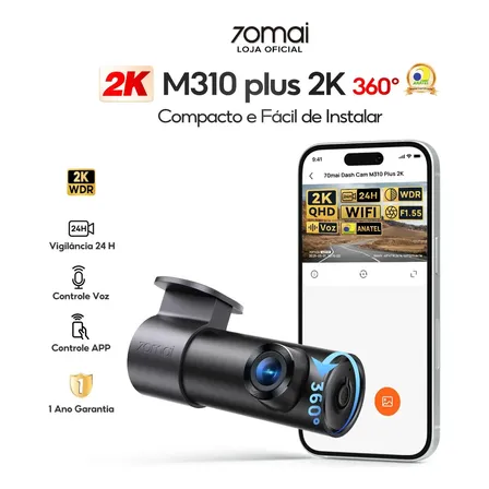 Camera para Carro 70mai M310 2k QHD 1440p WDR 360° Wifi G-sensor APP Câmera Veicular Controle de Voz Visão Noturna HD F1.55 24H Grande Angular de 143° Dash Cam para Uber/Taxi