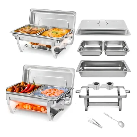 Rechaud Retangular 11 Litros Com 2 Cubas Banho Maria E Fogão A Álcool 100% Aço Inoxidável Ideal Para Bufês Restaurantes Banquetes Potlucks 127/220v