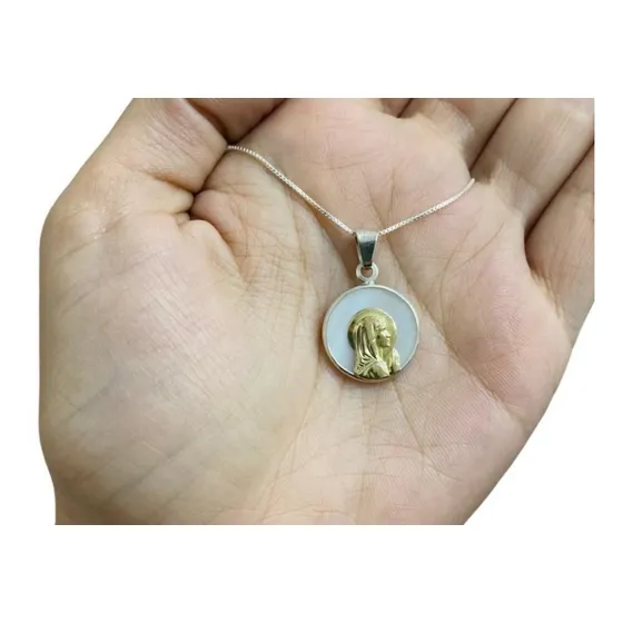 Cadena Plata Dije Virgen Niña Plata Y Oro Con Nacar Regalo