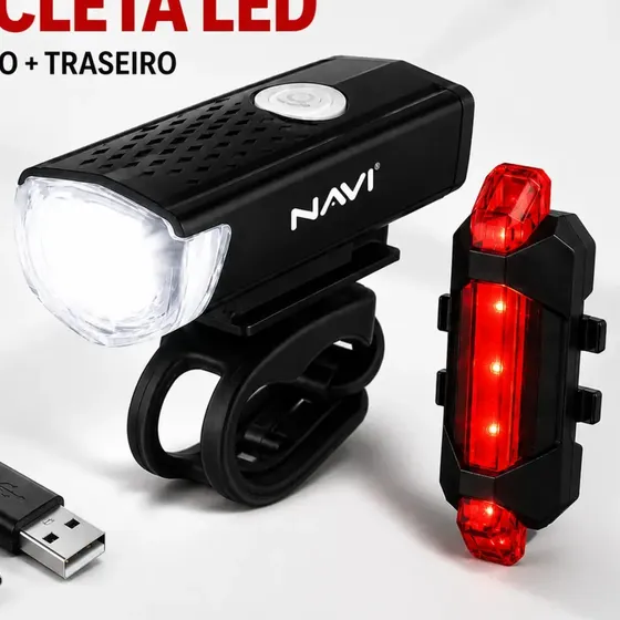 Kit Farol Bicicleta LED Recarregável USB NAVI / Lanterna Traseira Impermeável Luz Dianteira Potente Alta Visibilidade Sinalizador LED MTB Speed Urbana Elétrica com Modos de Pisca e Fixação Fácil
