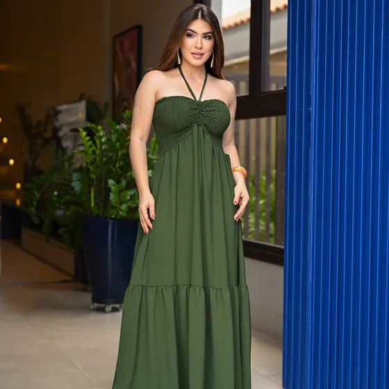 Vestido Longo Lastex Tomara Caia Com Alça Franzido Regulável