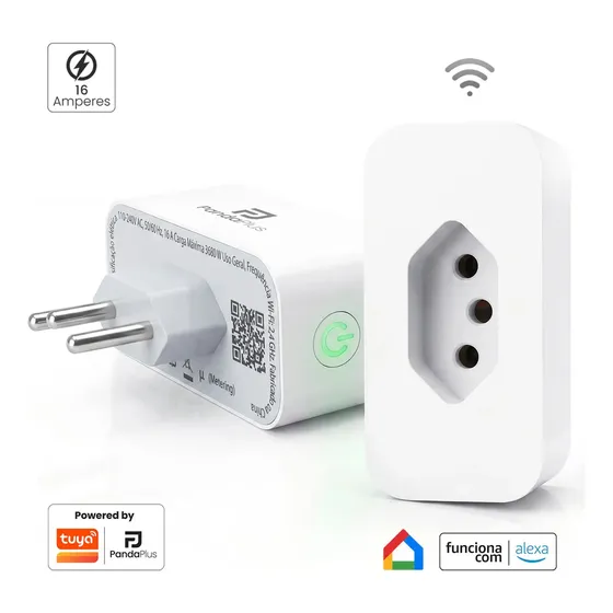 Tomada Inteligente 16A Wifi Medidor de Consumo Tuya Panda Plus Smartlife Alexa Google Comando Por Voz e App Bivolt 3680W