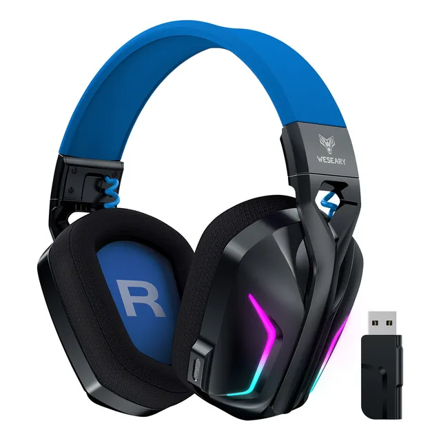 Weseary - Auriculares Inalámbricos Para Juegos Para Pc, Ps5, Ps4, Interruptor, Mac, 2.4 Ghz Inalámbricos Con Micrófono Enc Con Cancelación De Ruido, Bluetooth 5.4, Iluminación Fría, Batería De 50 H,