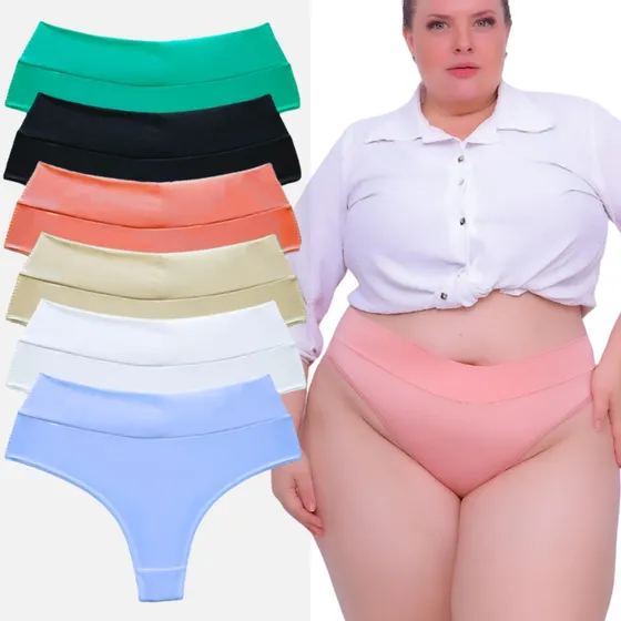 Kit 5 Calcinha Plus Size Cintura Alta Fio Dental Cós Duplo