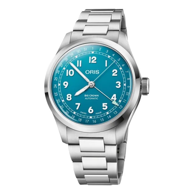 Reloj Oris Big Crowm Pointer Date Caballero Correa Plateado Bisel Plateado Fondo Azul