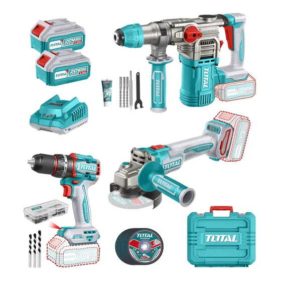 Kit Inalámbrico Total 20v Sin Carbones: Rotormartillo 4.5J + Atornillador Con Percutor 66Nm + Amoladora 4.1/2'' - Con 2 Baterías 5.0Ah Litio-Ion, Cargador, Accesorios Y Maletín - TOSLI241183