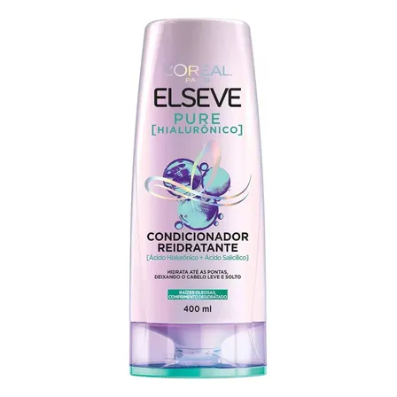 Condicionador Reidratante Para Cabelos Com Raízes Oleosas E Pontas Secas Com Ácido Hialurônico E Salicílico Pure Hialurônico Elseve L'oréal Paris, 400ml