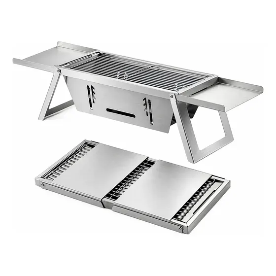 Churrasqueira Portátil Desmontável a Carvão Aço Inox Escovado Flex Grill Para Camping Pescaria e Lazer