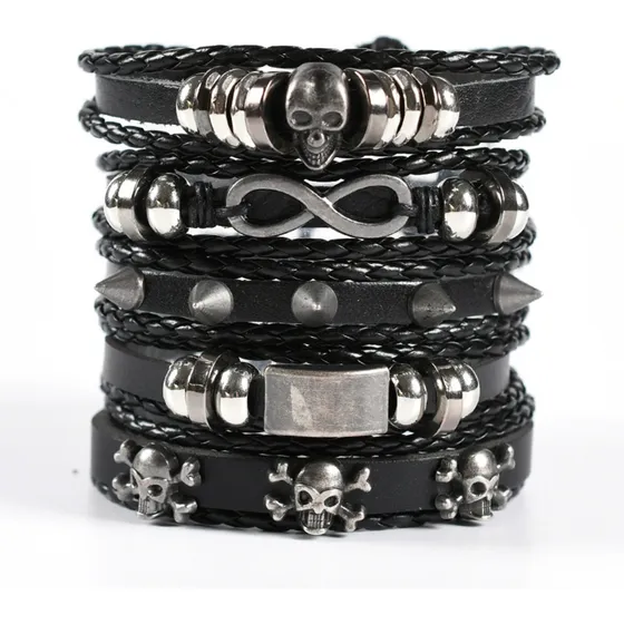 Pulsera Brazalete Cuero Rock Punk Calavera 5 En 1 Vintage