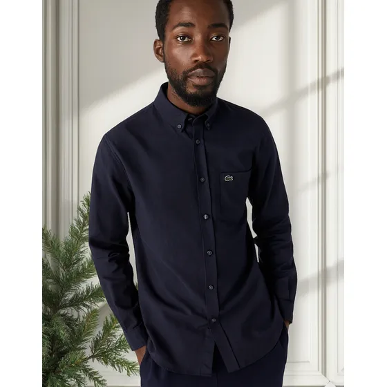 Camisa Lacoste Regular Oxford Buttoned Collar Azul Marinho