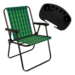 Kit Cadeira De Praia Xadrez Verde + Mesa Porta Copos Preta Kit Cadeira De Praia Xadrez Verde + Mesa Porta Copos Preta
