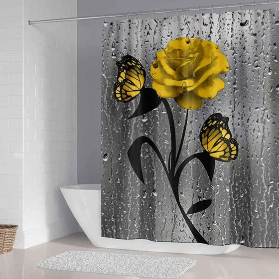 Cortina Ducha Floral Para Baño Diseño Mariposa Color