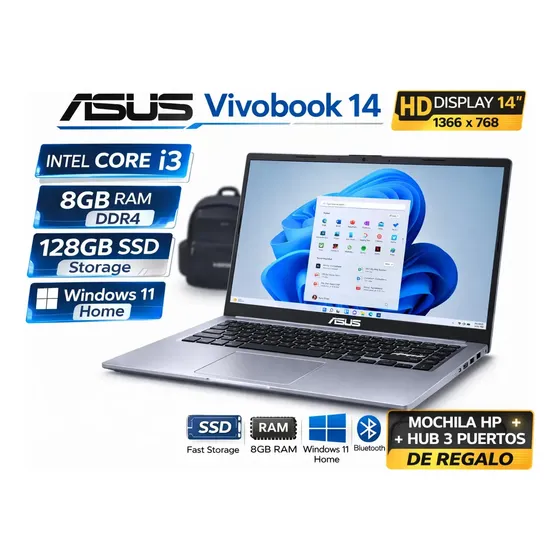 Pacote de laptop Asus Vivobook 14 com mochila e hub USB 3.0 Intel Core I3 8 GB de RAM 128 GB Ssd Windows 11 Home Lightweight Slim Full Hd, ideal para trabalho, estudo e uso diário
