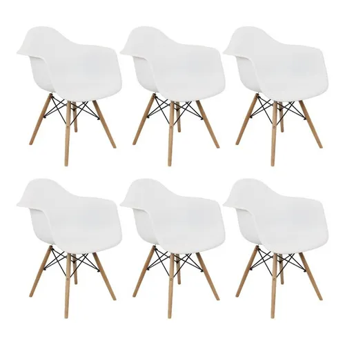 Kit 6 Cadeiras Charles Eames Eiffel Design Wood Com Braços Cor da estrutura da cadeira Com Braço Cor do assento Branco Desenho do tecido -