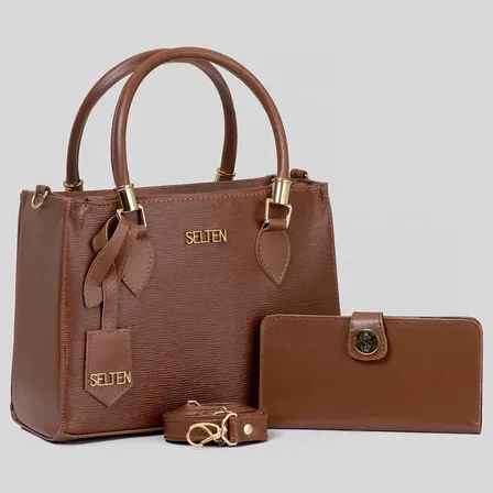 Bolsa Feminina Transversal E De Mão Com Mini Carteira Selten Acambamento dos ferragens Ouro Cor Marrom Correia de ombro Marrom Desenho do tecido Lisa