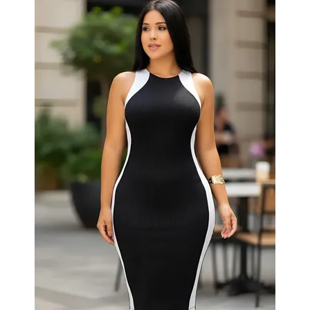 Vestido Canelado Midi Faixas Regata Casual Básico Modelador