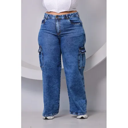 Calça Jeans Plus Size Feminina Cargo Cintura Alta