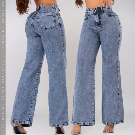 Calça Jeans Wide Leg Pantalona Cintura Alta Feminina Premium