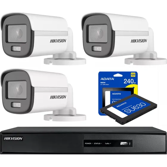 Kit Hikvision Colorvu 24hs Dvr 4ch + 3 Camaras + 240gb