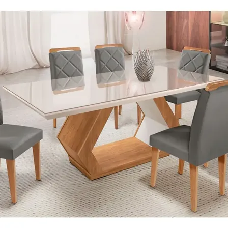 Mesa Alvorada 180 Tp Mdf Vidro Canto Reto 6 Cadeiras Rufato