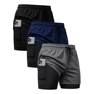 Kit 3 Shorts 2 Em 1 Duplo Dryfit Masculino Compressão Térmic Preto/cinza/azul-marinho Lisa M