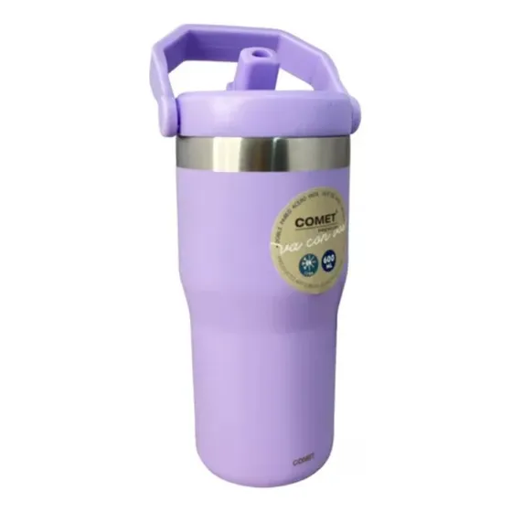 Vaso Jarro Térmico 600ml Comet Negro Con Tapa Y Sorbete Color Violeta Liso
