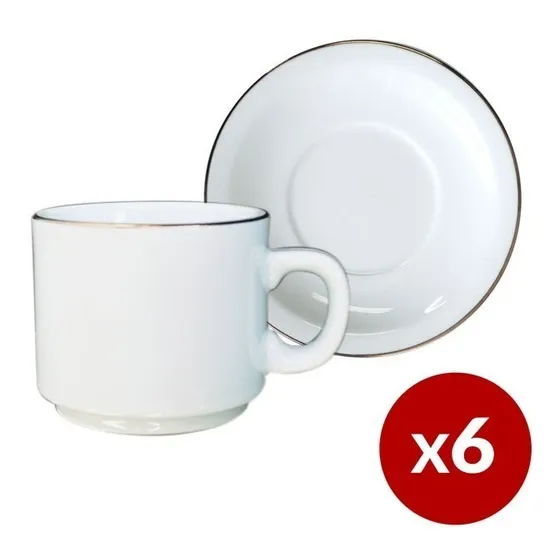 Set 6 Platos Y Tazas Cafe Pocillo Dorado Porcelana Tsuji 499