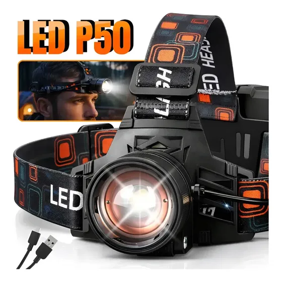 Lanterna De Cabeça Led P50 Recarregável 100000 Zoom Tática Pesca Trilha Bike Corrida Trilha À Prova Dágua Super Brilho Profissional Usb Alta Potência 9000mah Luz De Testa Noturna Leitura
