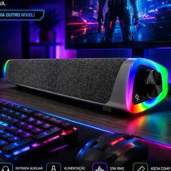 Caixa Som Soundbar Gamer Bluetooth Computador Pc Led Rgb 20w Preto