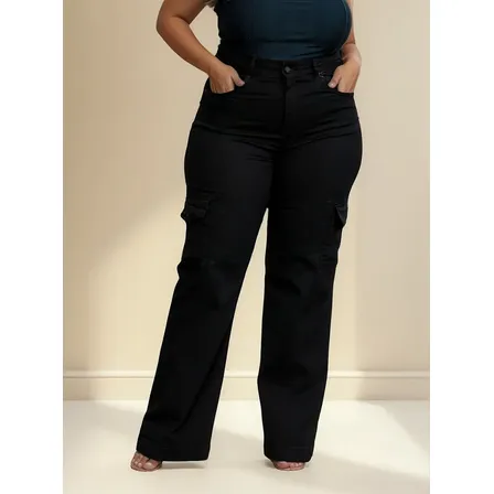 Calca Feminina Wide Leg Cargo Preta Elastano Plus Size