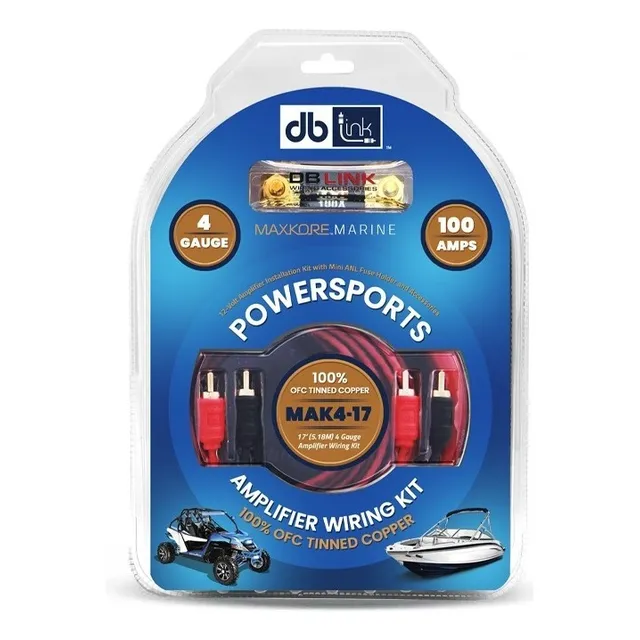 Kit De Instalación Marino Para Amplificador DB Link MAK4-17 Maxkore Marine Series OFC Calibre 4 GA Mini ANL 100 Amp 5.18 Metros Color Azul