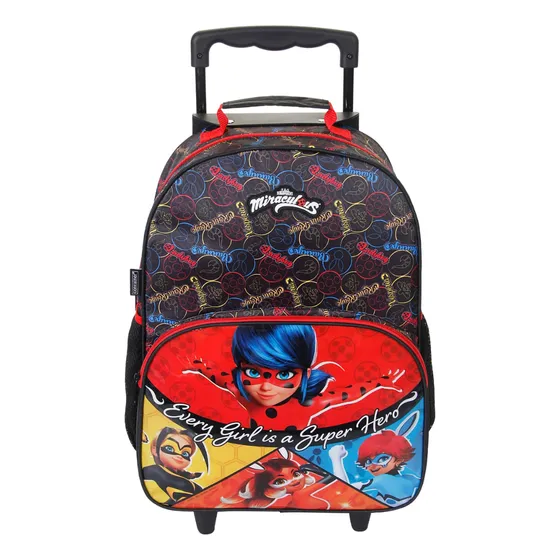 Mochila De Rodinhas G Infantil Escolar Miraculous Ladybug Cor Preta E Vermelho