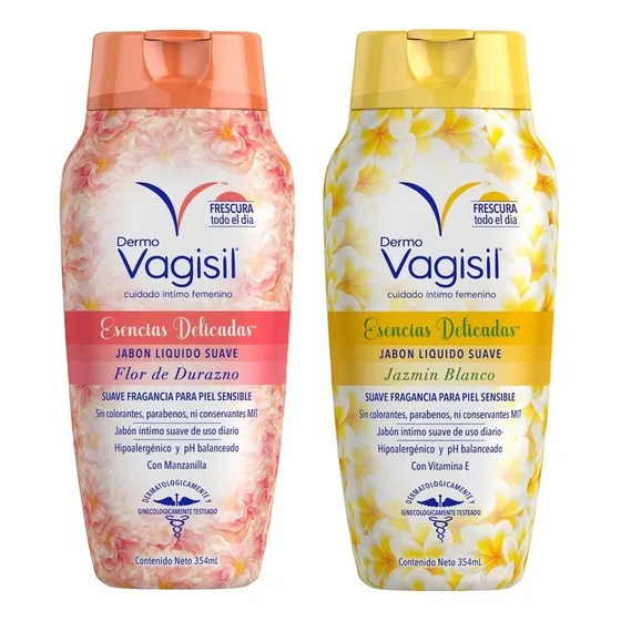 Kit 2 unidades jabón liquido íntimo Dermo Vagisil 2 fragancias jazmin y durazno linea esencias delicadas pH balanceado 354 ml cada uno
