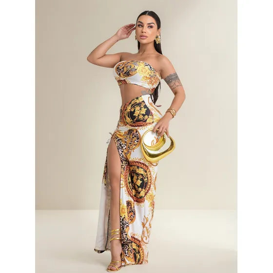 Saia Longa Fenda + Cropped Top Bojo Look Gringa Balada