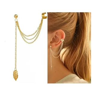 Brinco Corrente Folhas Banhado A Prata Ouro Pressão Piercing Brinco Corrente Folhas Banhado A Prata Ouro Pressão Piercing