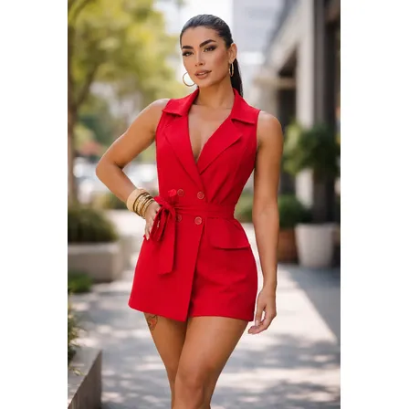 Macaquinho Feminino Curto Blazer Alfaiataria Luxo Com Cinto