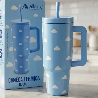 Allmix Caneca Térmica Inox 900ml Tampa Canudo Nuvem Original Allmix Azul Nuvem Nu